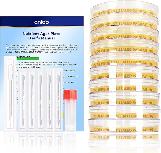 anlab™ Nutrient Agar Petri Dishes Science Project Kit | Pre-Poured Agar Plates and Cotton Swabs for Science Experiments | Bacteria Science Kit - Sealed Separately (Items of 10)