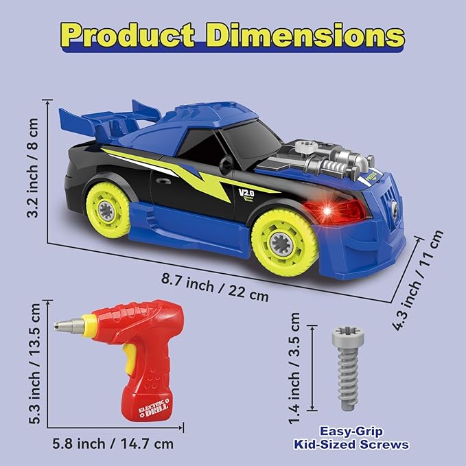 Take Apart Toy Racing Car for Kids Age 3+ Year Old, 2 in 1 Build Your Own Car with Realistic Sounds & Lights, Construction Vehicle Toys with Electric Drill, Ideal Gitfs for Boys(4 Spare Screws)