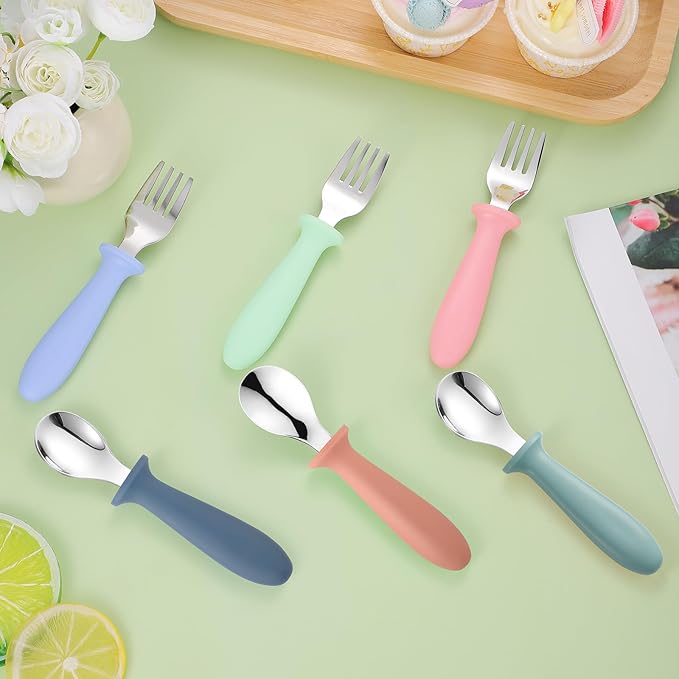 Pimoys 6 Pieces Toddler Utensils, Kids Silverware Set with Plastic Handle Stainless Steel Children Forks and Spoons, Dishwasher Safe