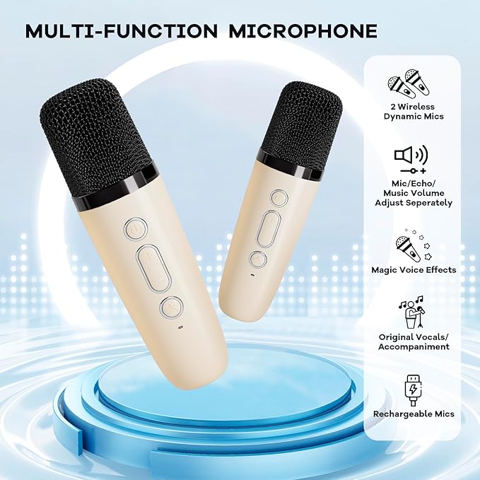 Mini Karaoke Machine with 2 Wireless Microphones for Kids Adults, Portable Bluetooth Speaker Gift for Girls Toys 4, 5, 6, 7, 8, 10, 12+ Years Old Teens Birthday(Beige)