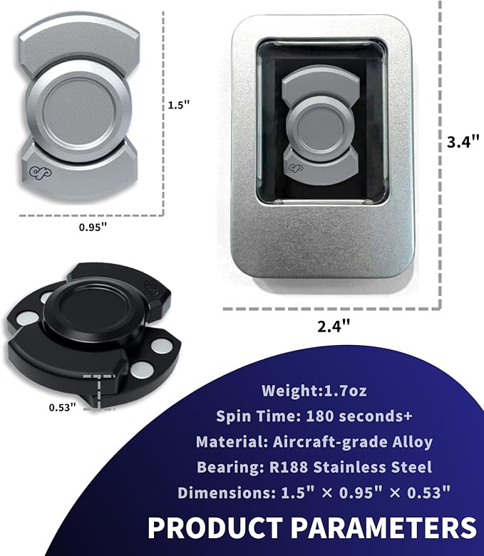3-in-1 Alloy Fidget Toys Adults - Fidget Spinner,Clicker,Slider Modes,Ultra-Silent,High-Speed Rotation,3-Minute Spin Time,Compact Stress Relief Toy for Adult(Black)