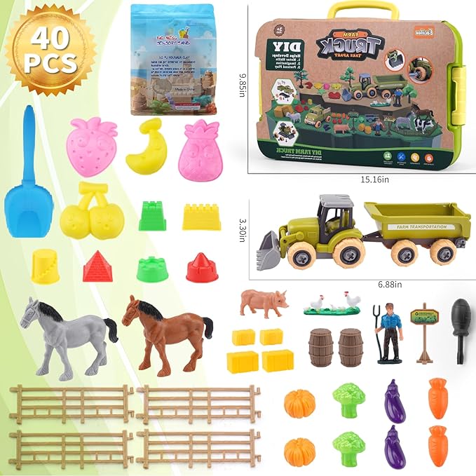 Play Sand Farm Toys, Farm Sensory Bins with 2.2lb Magic Sand, Animal, Take Apart Excavator Trailer Playset, Creativity Sandbox Toys with Lid for Kids 3 4 5 6 Years Old