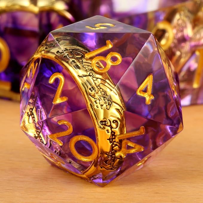 Magic Lord Ring D&D Dice Set DNDND Sharp Edge DND Dice Purple Swirl with Golden Ring Inside with Gift Metal Case for Dungeons & Dragons D&D Tabletop Game (Purple)
