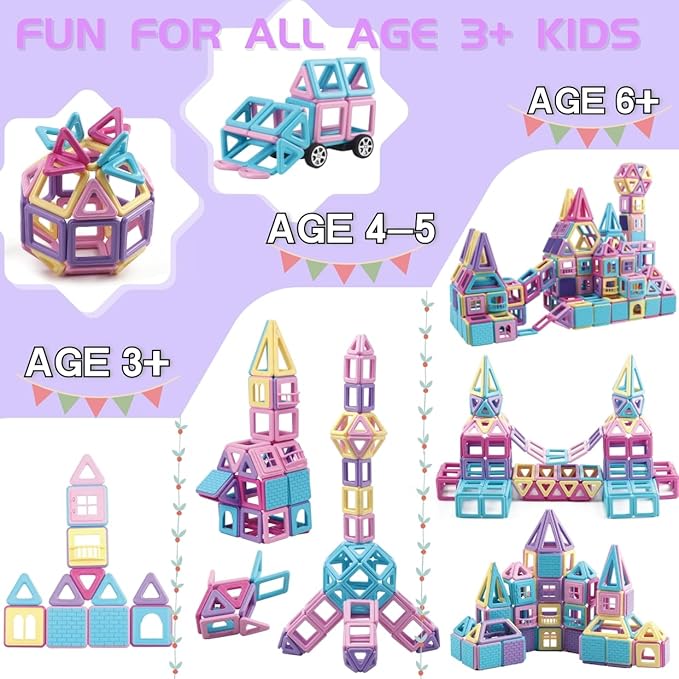 ASOK Magnetic Building Block 155pcs Educational Magnet Tiles Creative Learning and Development Macaron Color Toys Set for 3 4 5 6 7 8 Years Old Boys Girls Kids