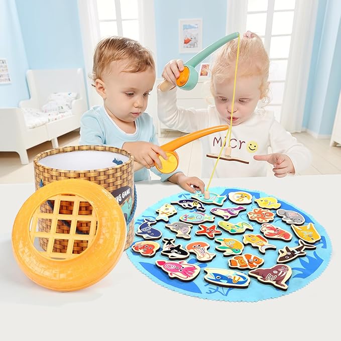 TOP BRIGHT Montessori Toddler Fishing Game - Kids Wooden Magnetic Fishing Toys Gifts for 3 Years Old Girls Boys, Fine Motor Skills for Toddler