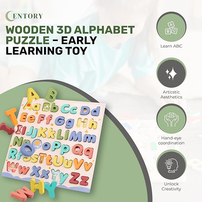 Wooden Alphabet Puzzle for Toddlers - Upper and Lower Case Letters - Safe and Educational Learning Toy