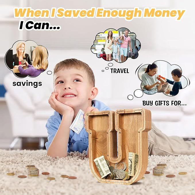 KMC Wooden Letter Piggy Bank, Personalized Initial Piggy Bank for Kids Boys, Clear Alphabet U Wood Money Box, Unbreakable Coin Saving Jar, Birthday, for Children
