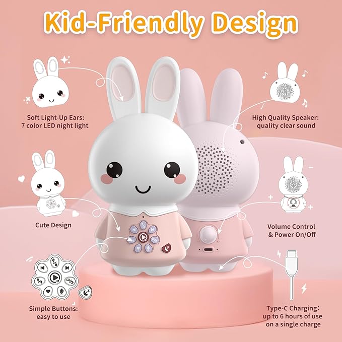 alilo Honey Bunny Pro, Kids Music Player with Night Light, Bluetooth, Recorder, Preloaded 71 Nursery Rhymes, 50 Stories, 55 Soothing Music, Storytelling Toys Gifts for Toddlers Baby Boy Girl,Pink
