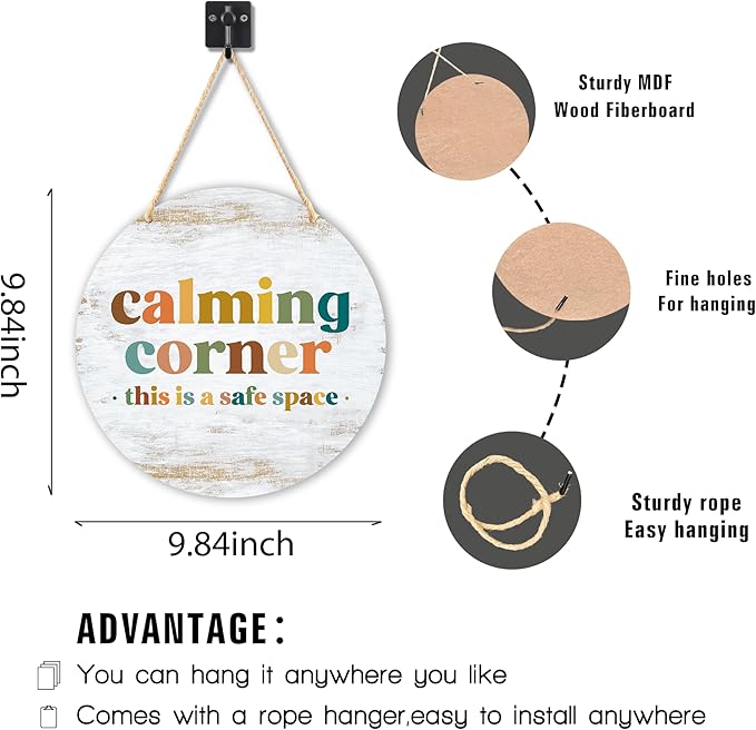 Calming Corner Hanging Wood Sign - Safe Space, School Counselor Office, Calm Down Corner, Boho 10x8 Round Plaque White