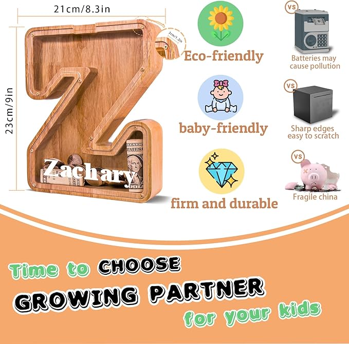 Wooden Letter Piggy Bank for Kids Larger Letter Piggy Bank for Boys and Girls Personalized Piggy Bank Initial Coin Bank Wood Kids Money Bank for Birthday and Festival