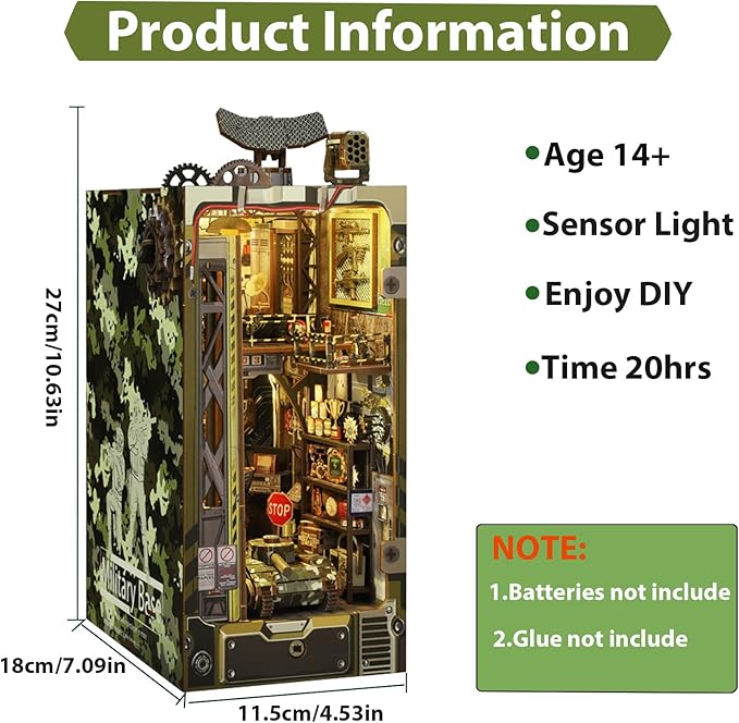 ISSEVE Book Nook Kit, 3D Wooden Puzzle DIY Miniature House Kit for Booknook Shelf Insert Decoration, Magic Book House Stand Bookshelf Dollhouse for Adults with Sensor Ligh (Military Base)