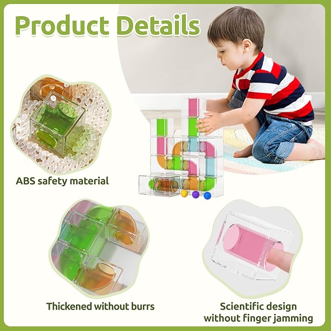 36 PCS Stacking Blocks – 1.6 Inch Transparent Building Cubes with Learning Cards, Pipe Tube for Marble Run, STEM Educational Toy for Kids 3+, Sensory Gift for Boys & Girls