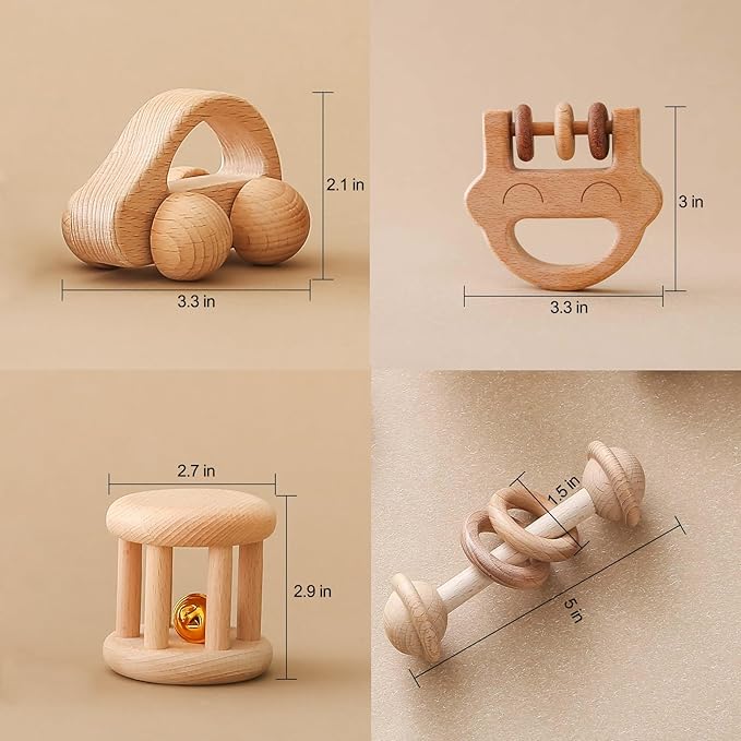 Chriswell Wooden Baby Rattle Set, Newborn Wooden Rattle Toy, Natural Wooden Montessori Baby Grip Toy, Baby Gift Toy, Wood Rattle Set-6