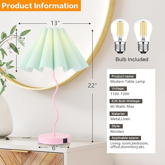 Table Lamp for Bedroom Nightstand Modern Touch Green Pink Lamp Dimmable Lamp for Living Room End Table with USB Port and Outlet