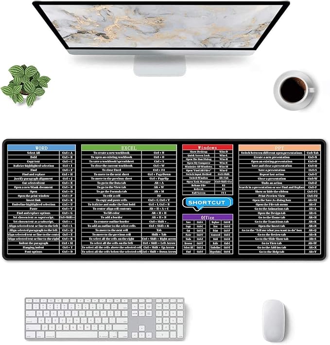 Excel Mouse Pad，Excel Cheat Sheet Desk Pad，Gaming Mouse Pad, Non-Slip Rubber Base Mousepad, Stitched Edges, 31.5x11.8 inch for Home Office