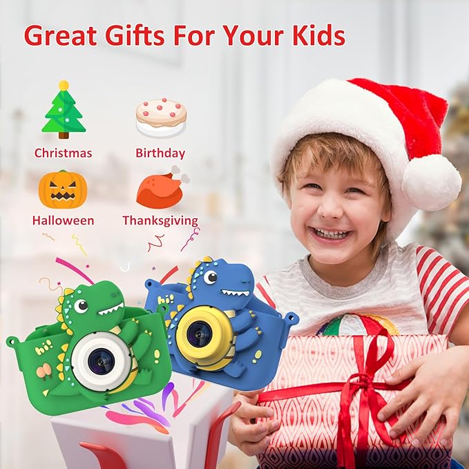 Dinosaur Kids Camera, Toddler Camera, Christmas Birthday Gifts Toys for Boys Age 3-12 Years, HD Selfie Kid Digital Camera with 32GB Card, Dinosaurs Toys for Kids 3 4 5 6 7 8 Years Old Gift (Blue)