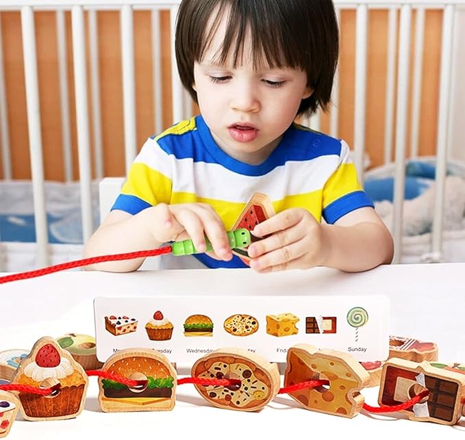 Threa Ding Toys, 2025 New Upgrade Wooden Greedy Cater Pillar Ropeoy, Lacing Beads Wooden2.5in Fruit & Vegetable Toys with Rope, Montessori Fine Motor Skills Farm, Bag for 3+ Year Old