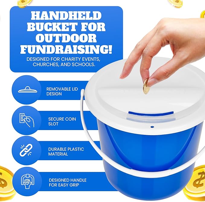 Plastic coin collection Bucket with removable lid and handle charity donation collection money box pail for fundraising with top slot for tickets raffles and money 7.5"Hx8.3"Diameter(Dark Blue) 4 pack