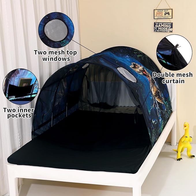 Kids Bed Tent Twin Beds - Zoos and Cars Wonder Play Tents Boys Girls Ventilated Indoor Play Tent Children Promotes Independent Play, Stimulates Imagination Set-Up Playhouse (Dinosaur)