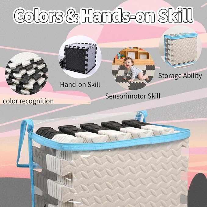 36 Tiles Foam Play Mat for Baby, 0.4 Inch Thick Foam Interlocking Floor Mats, Soft Non-Toxic Baby Playmat, Solid Colored Puzzle Play Mat Kids Floor Mats for Toddler(White/Black)