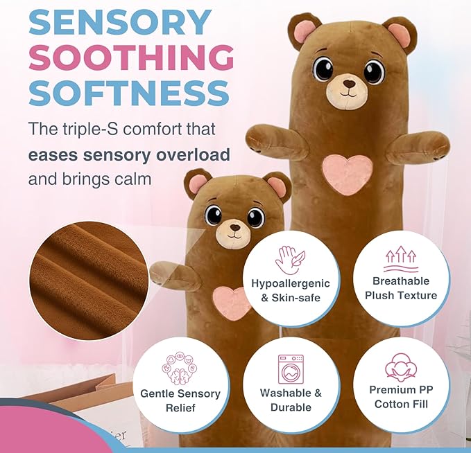 Bear Plush Body Pillow for Kids | Long Stuffed Animal Cuddle Pillow | Soft Hugging Toy | Plushie Gift for Girls & Boys | Long Plush Body Pillow for Sleep & Comfort | Medium, 35 Inches