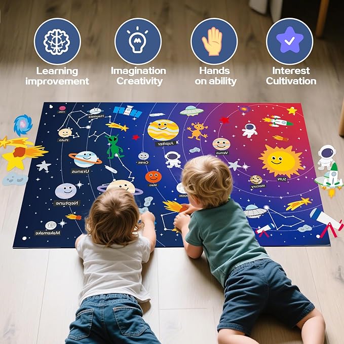 Solar System for Kids | Felt Wall Activities for Children | Montessori Space Planet Toys Game for Kids 3 4 5 6 7 8 40"x30" Felt Mat with 59 Figures Boy Girls Birthday Christmas Educational Gifts