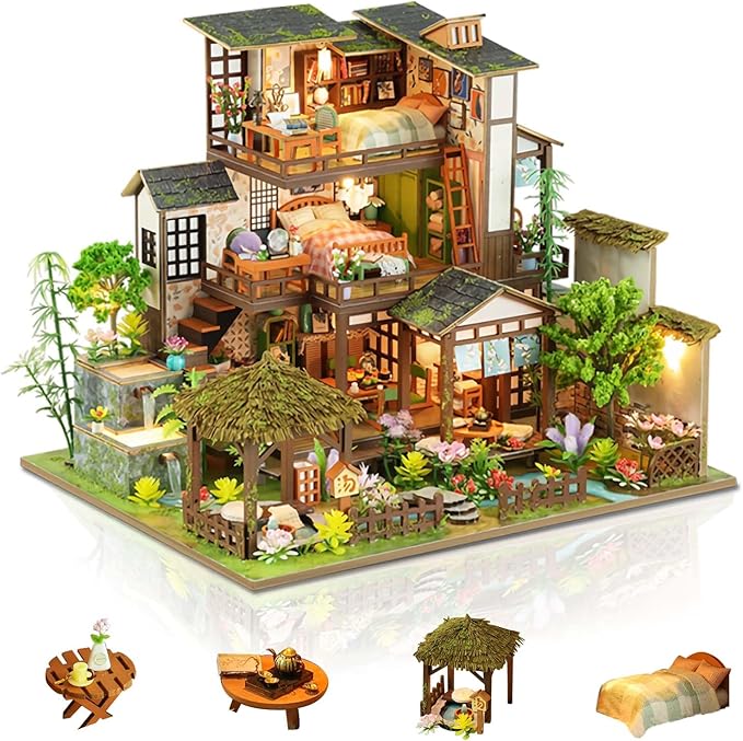 Miniature House Kit, Tiny House Kit with Light, DIY Mini House Building Kits for Adults to Building, Unique Gift for Birthday Christmas, Bamboo Spring Courtyard