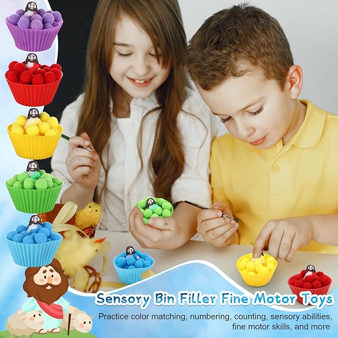 235 Pcs Jesus Sensory Bin Filler Fine Motor Toys Counting Sorting 200 Felt Pompoms 24 Mini Jesus Figures 5 Tweezers 5 Silicone Plates 1 Storage Box, for Counting Sorting Christian Gifts Fillers
