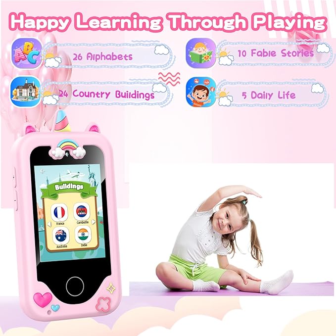 Kids Smart Phone with Dual Camera, Game & Music Player, Toddler Learning Play Toy Cell Phone, Gifts for Girls, Christmas, Birthday, Age 3-10, Light Pink