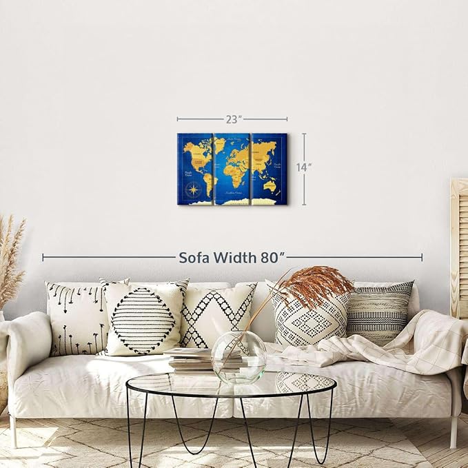 ElephantStock Yellow Longitude World Map Multi Piece Canvas - 3 Panel Wall Decor - Map of the World Art - Canvas for the Office and Home - 23" X 14"