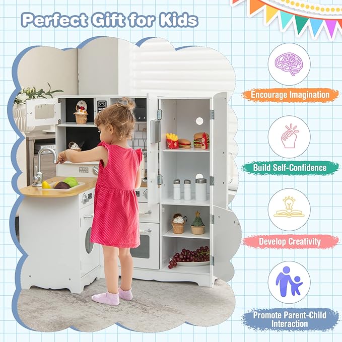 Costzon Corner Kids Kitchen Playset, 11-in-1 Wooden Toy Kitchen Set with Realistic Washing Machine, Microwave, Oven, Stove, Refrigerator, Range Hood, Telephone, Play Kitchen for Toddlers Boys Girls