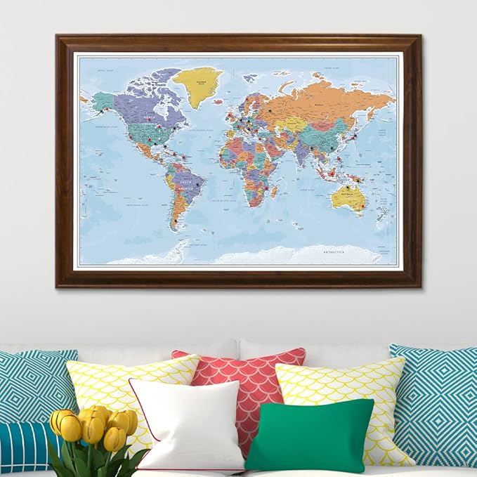 Push Pin Travel Maps - Blue Oceans World - Brown Frame Framed Pin Map for Tracking Your Travels - 27.5" x 39.5" - 8 Handcrafted Frame Options - Made in USA - Ideal for Any Traveler