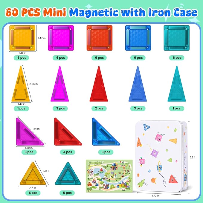Mini Magnetic Tiles with Iron Case, 60 Pcs Travel Magnetic Toys Set, Magnet Building Block Set, Magnatiles for Toddlers 1-3, Travel Toys for Kids Ages 3+, Gifts for Boys & Girls Birthday Christmas