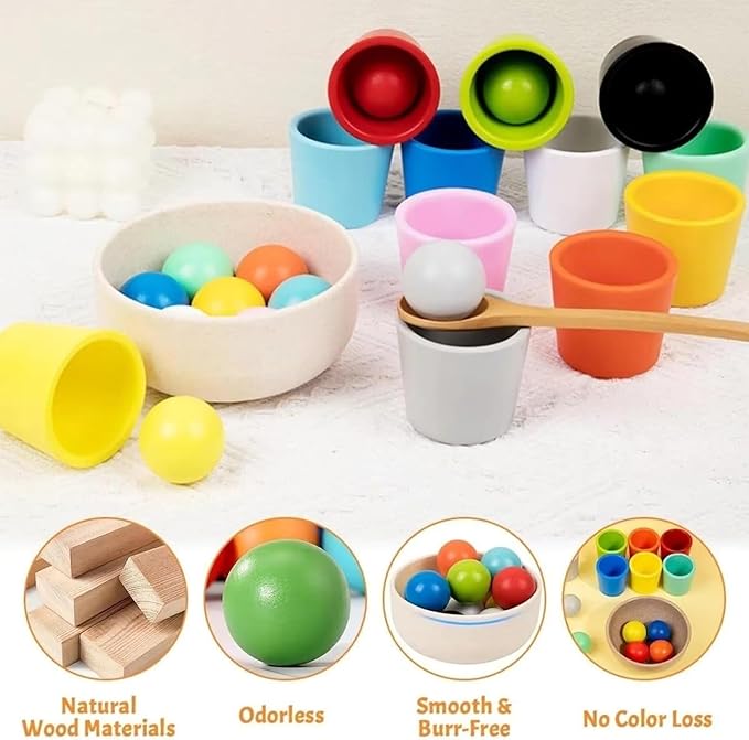 Rainbow Balls in Cups Toddler Toys, Kids Color Classification Cup Game, 10 Color Classification Beads, Wooden Colors Sorting Toy with 10 Ball, Learning Colors Sorting and Counting(12 Color)