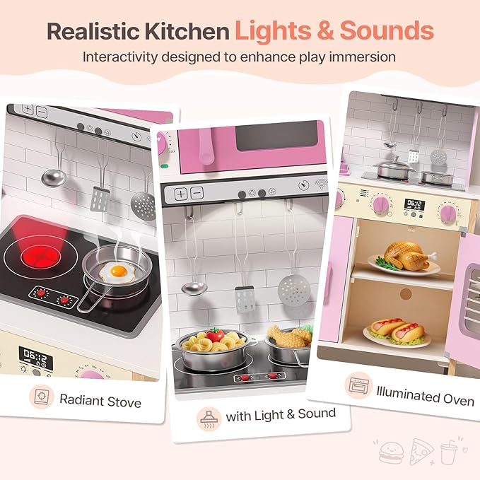 BIERUM Play Kitchen, Wooden Kids Kitchen Playset for Toddlers with Real Lights & Sounds, Height Adjustable Toys Kitchen with 30 Pcs Toy Food & Cookware Accessories (Pink)