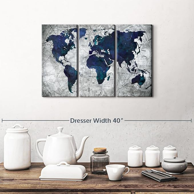 ElephantStock Deep Blue World Map Multi Piece Canvas - 3 Panel Wall Decor - Map of the World Art - Canvas for the Office and Home - 23" X 14"