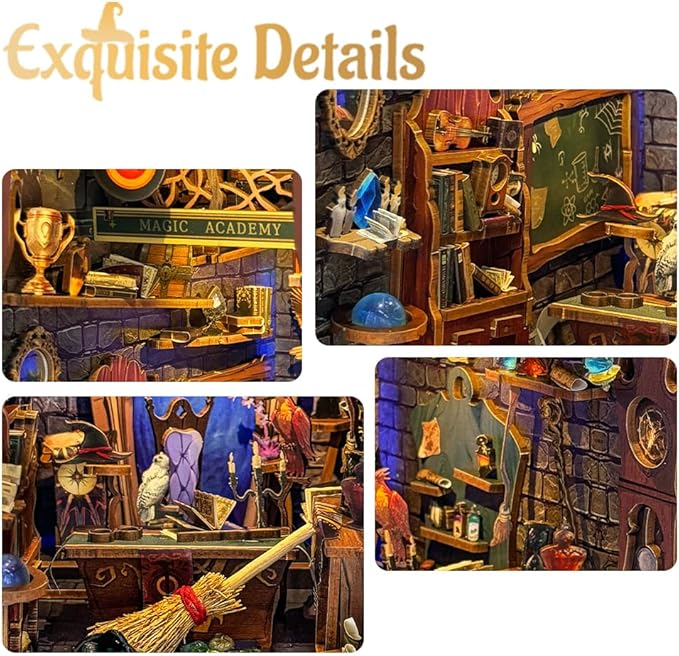 Book Nook Kit for Adults 3D Puzzle Miniature House Kit for Adults Craft Lovers Bookshelf Decor DIY Model Kit with LED Sensor Light-Magic Academy (SQ-38)