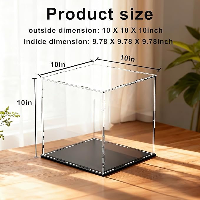 10 Inch Clear Acrylic Display Case, Cube Acrylic Box for Collectibles Showcase, Plexiglass Case with Matt Black Stand for Toys, Arts and Figures