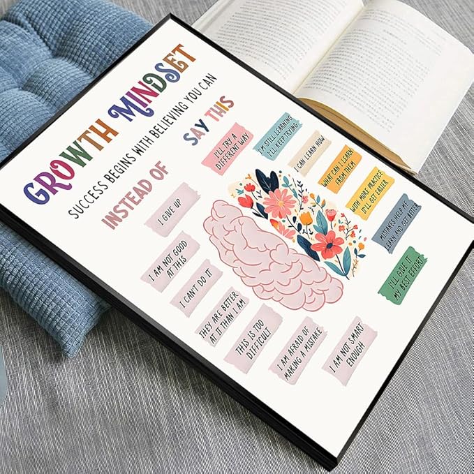 uoyien Growth Mindset Mental Health Posters Classroom Counseling Room Therapy Wall Decor Affirmations Quotes Canvas Wall Art Kids Special Educational Brain Neurodiversity Prints 12x16in Metal Framed