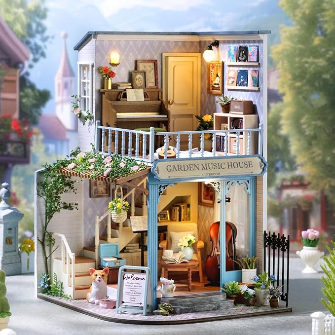 TuKIIE DIY Miniature House Kit with Furniture, 1:24 Scale Creative Room Wooden Mini Dollhouse Plus Dust Proof & Music Movement for Kids Teens Adults(Symphony of Bliss)