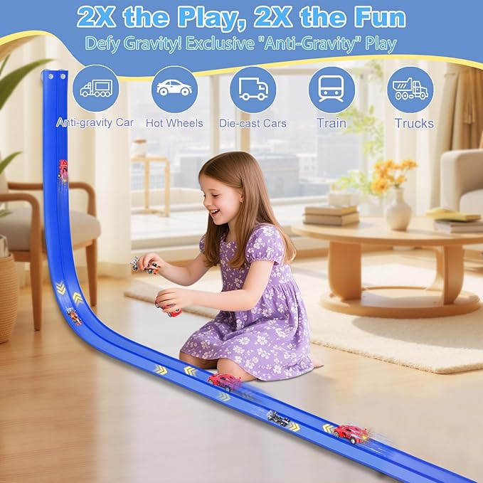 20 Ft Flexible Race Track Toys, Anti Gravity Car Track Set, Flex Race Car Ramp Track with Suction Cups - Rolls Up Portable DIY Race Track with 4 Racing Cars- Kids Race Car Track Toy (Dark Blue)