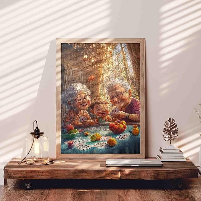 Happy Elderly Couple Playing Poker with Grandson 1000 Piece Jigsaw Puzzle for Adults Students Colorful Cards Fruit Living Room with Chandeliers Sunlight Large Windows 20×27 Inches Fun Home Decor
