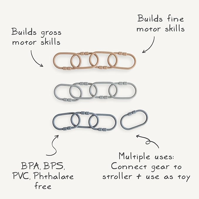 mushie Baby Chain Link Rings Toy 12 Count | Multiuse Car Seat Stroller Connecting Toy (Natural, Stone, Tradewinds)