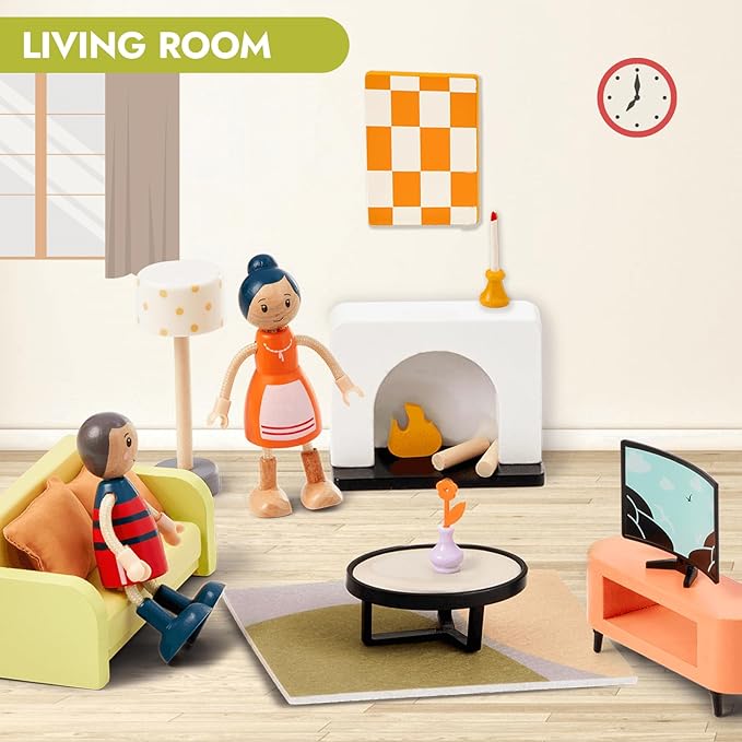 Giant bean 85pcs Wooden Plastic Dollhouse Furniture Set for 6 Rooms, Modern Dollhouse Accessories Pretend Play Furniture Toys Gift for Boys Girls Toddlers & Kids 3 4 5 6 7 Years and up