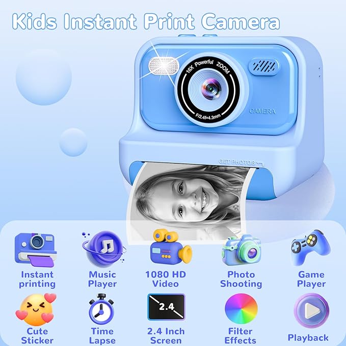 Kids Toys Instant Print Camera,2.4 Inch Screen Kids Instant Cameras, Christmas Birthday Gifts for Girls Age 3-12, Portable Toddler Toy for 3 4 5 6 7 8 9 10 Year Old Girls Boys