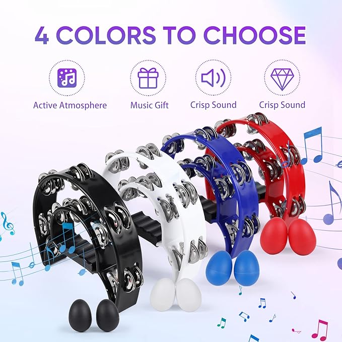Tambourine Musical Instrument for Adults Church - 10 Inch Half Moon Tambourines with Egg Shakers Double Row Metal Jingles Handheld Percussion Instruments for Dance Party Events KTV (White)