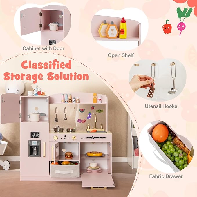 Costzon Kids Kitchen Playset, Wooden Pretend Play Kitchen w/Real Lights & Sounds, Chalkboard, Microwave, Ice Maker, Dishwasher, Sink, Cookware Accessories, Play Kitchen for Kids Ages 3+ (Pink)