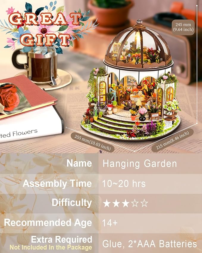 Miniature House Kit Hanging Garden, DIY Miniature Dollhouse Kit for Adults with Furniture & LED Lights, Wooden Craft Gifts for Adults Women Teens