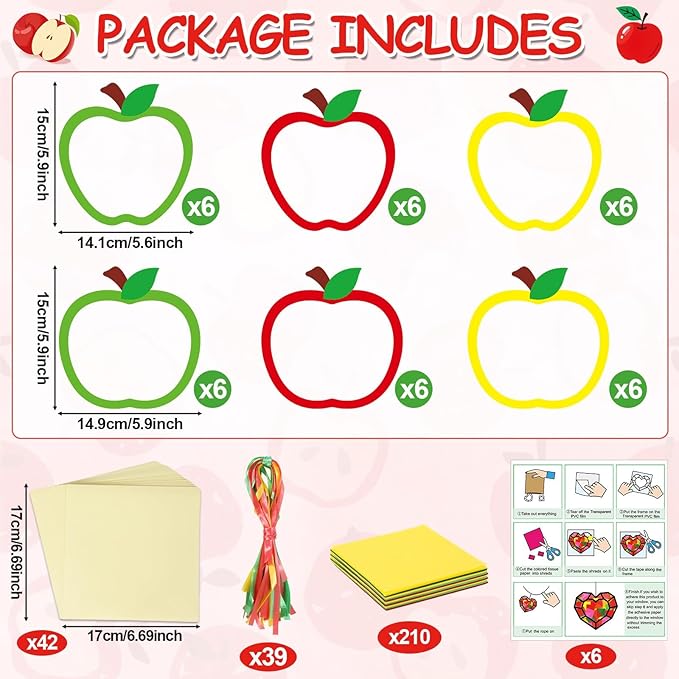 Qyeahkj 36 Set Fall Apple Suncatchers Crafts for Kids DIY Autumn Window Tissue Paper Craft Kit Hanging Decor for Classroom Home Activity Art Project Birthday Party Favor Gift