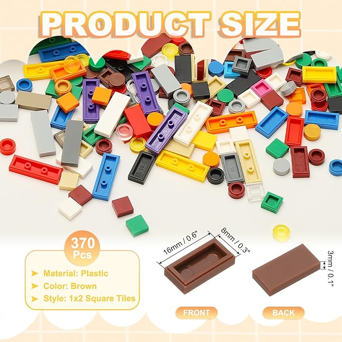 PATIKIL 370 Pcs Flat Blocks Bulk, 1x2 Square Brown Classic Tiles Smooth Surface Mini Building Blocks Accessories Compatible Bricks Kits for Building Floor Walls Mosaic Pixel Arts